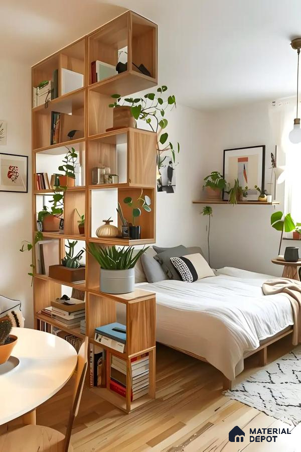 Minimalist Wooden Room Divider with Open Shelving | Material Depot