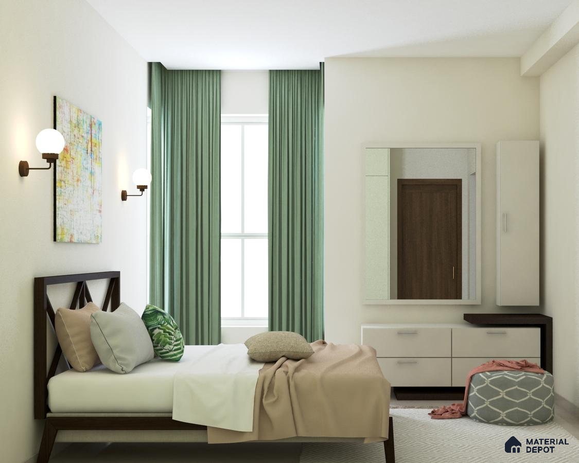 Minimalist master bedroom with green accents and functional decor