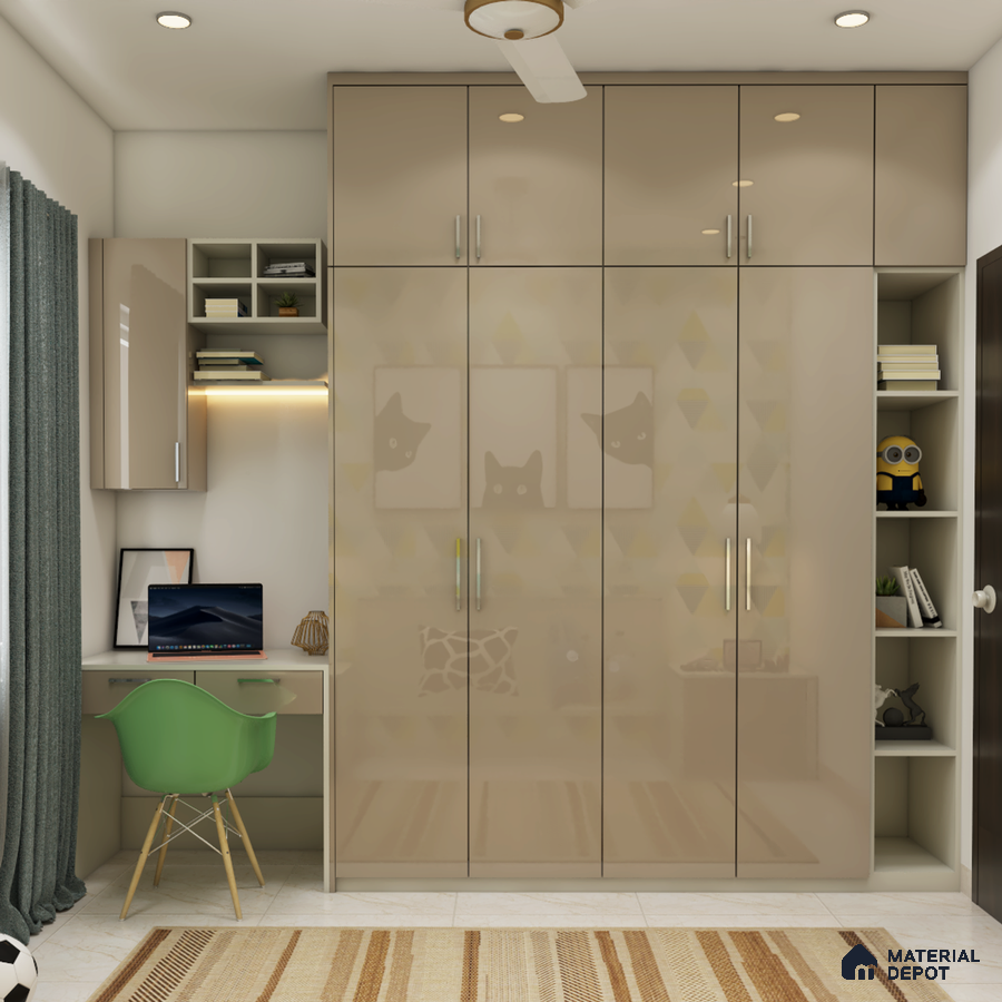 A studio apartment with a sliding door separator, a desk, a TV, a bed, and a nightstand