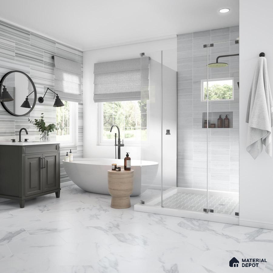 Bathroom with patterned marble tile and grey laminate