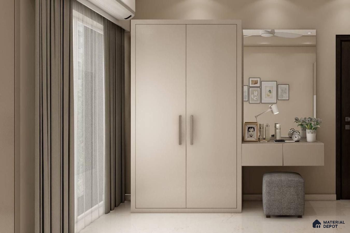 Modern 2-Door Wardrobe with Wall-Mounted Mirror.