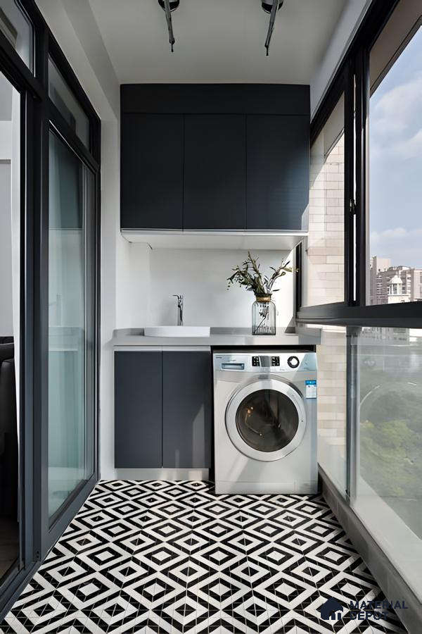 Modern Balcony Laundry Area with Black and White Tiles | Material Depot