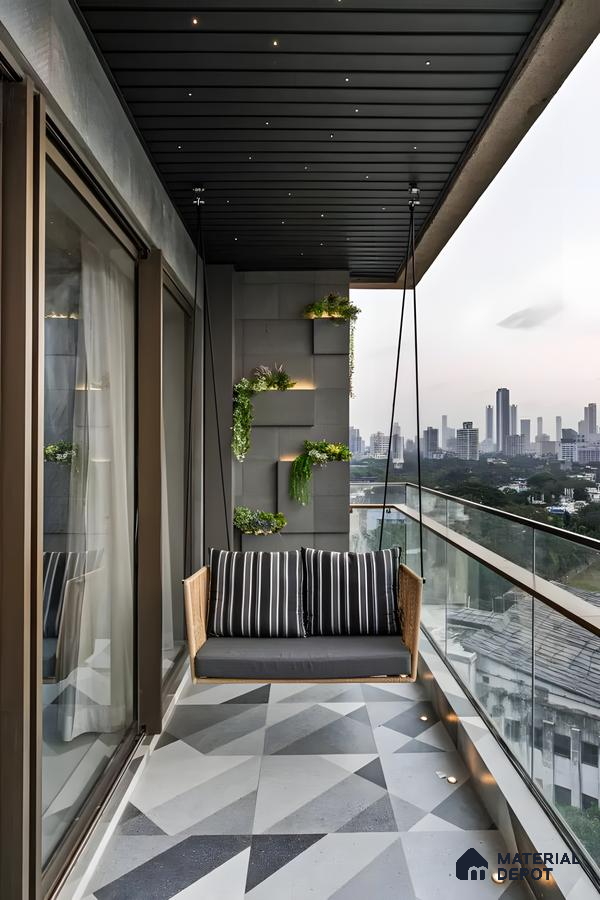 Modern Balcony with Geometric Tiles and City Views | Material Depot