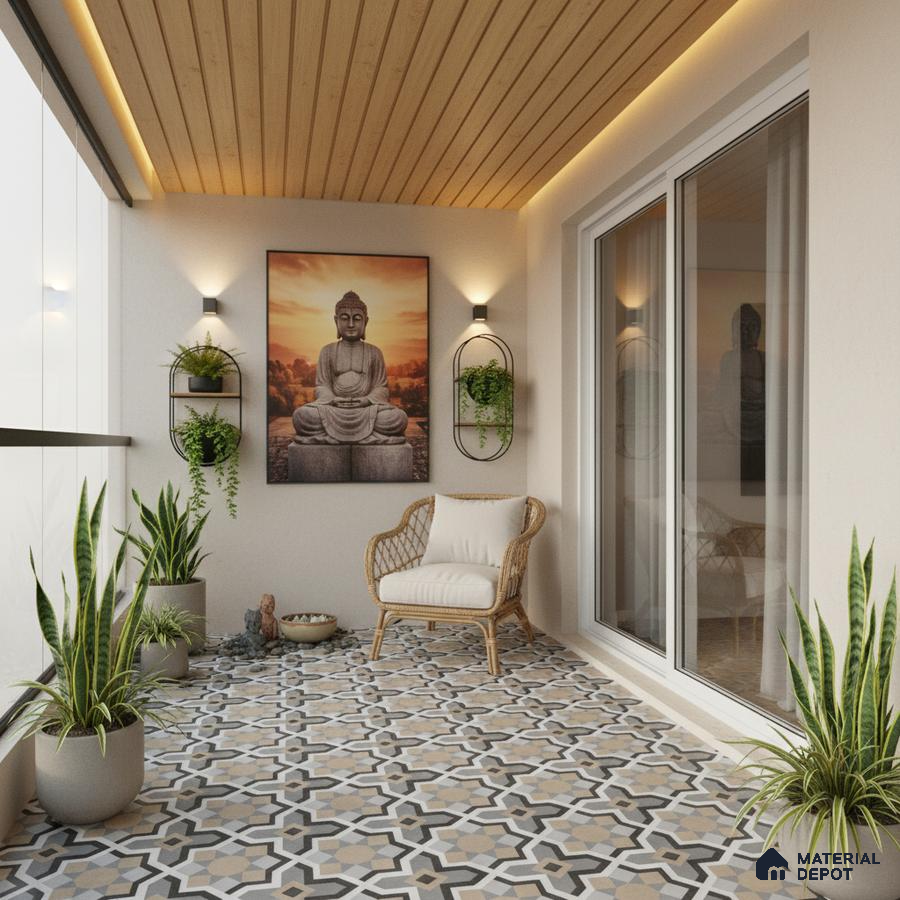 Modern balcony with patterned geometric floor tiles and natural wood ceiling panels