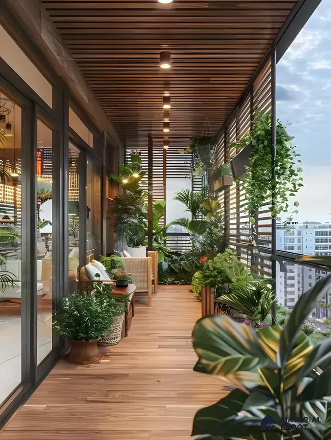 Modern Balcony with Wooden Decking and Greenery | Material Depot