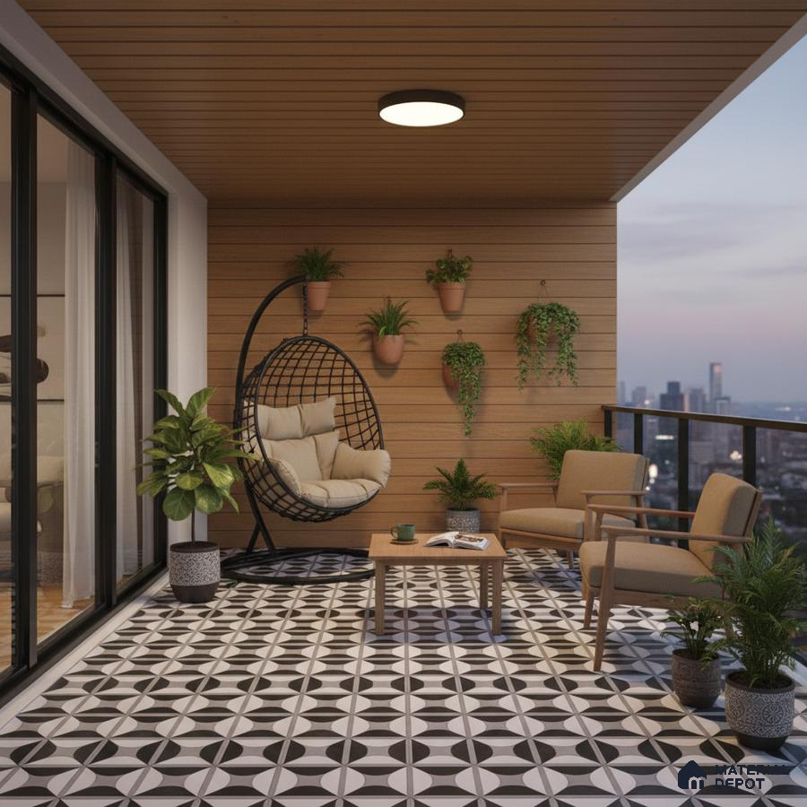Modern balcony with wood-look wall panels and black-and-white geometric patterned floor tiles