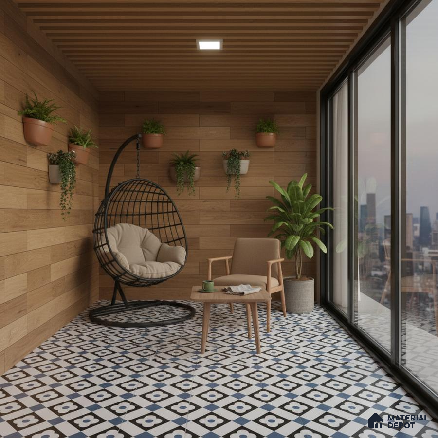 Modern balcony with wood-look wall panels and black-and-white geometric patterned floor tiles