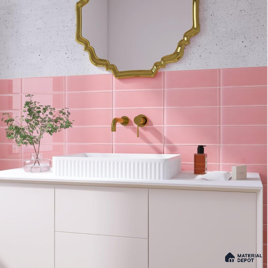 Modern Bathroom with Pink Subway Tiles and Gold Mirror Accents | Material Depot