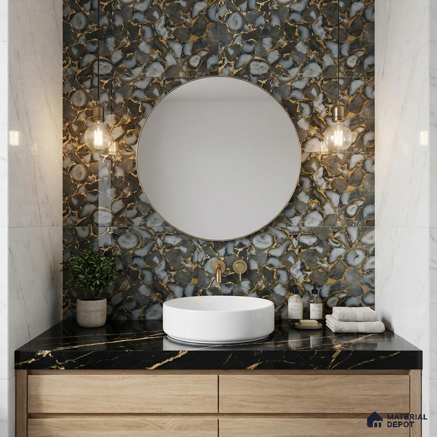 Modern bathroom with agate look highlighter wall tile, black marble countertop, and light oak vanity