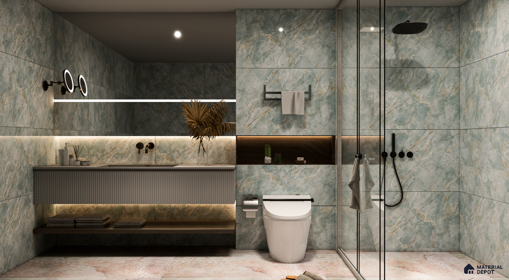 Modern Bathroom with Aqua Marble Look Tiles and Sleek Fixtures | Material Depot