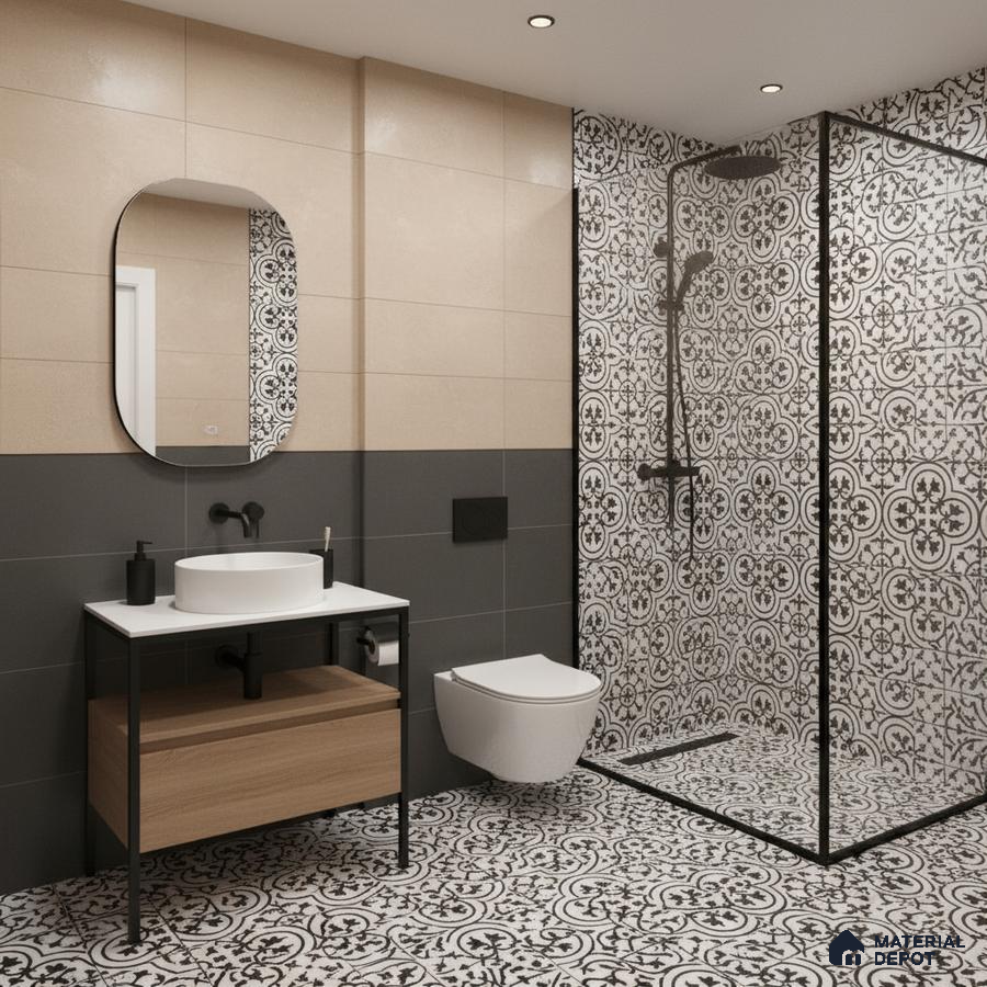 Modern bathroom with beige and grey wall tiles, black-and-white patterned floor and shower tiles in Bengaluru | Material Depot