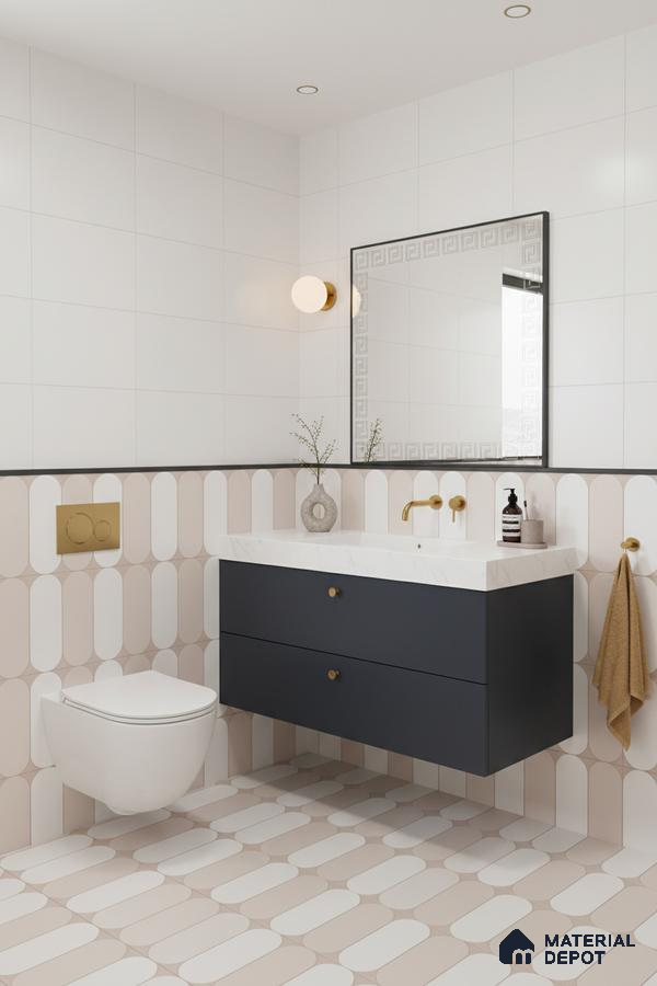 Modern bathroom with beige and white geometric wall and floor tiles, navy floating vanity, and white marble countertop in Bengaluru | Material Depot