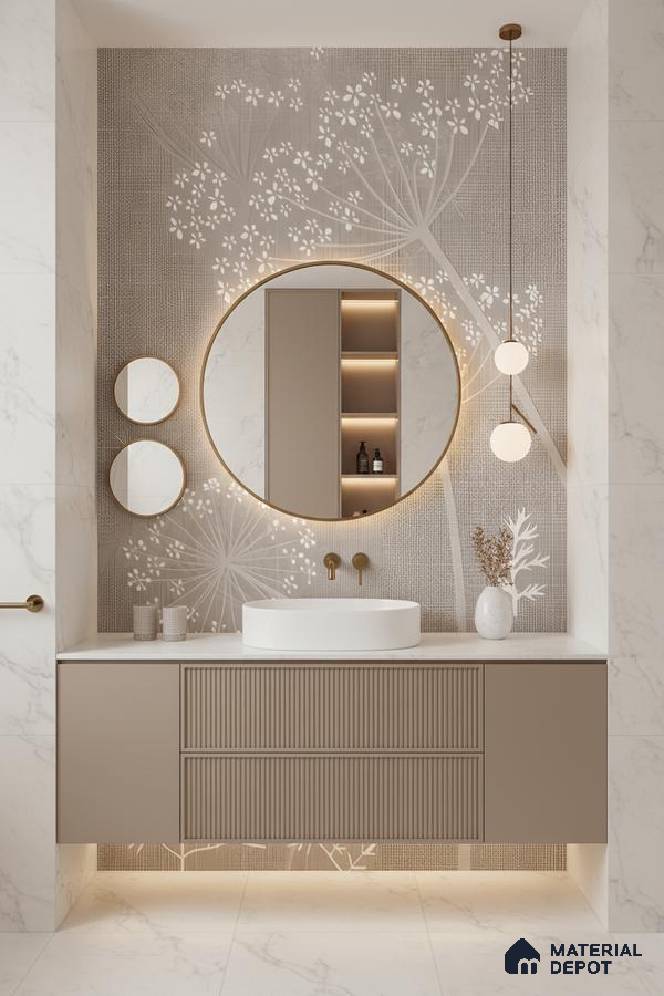 Modern bathroom design with beige fluted vanity, floral patterned wall tile, and white marble look tiles in Bengaluru | Material Depot