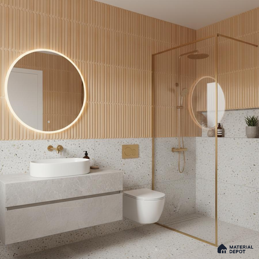 Modern bathroom with beige fluted wall tiles and terrazzo wall and floor tiles | Material Depot