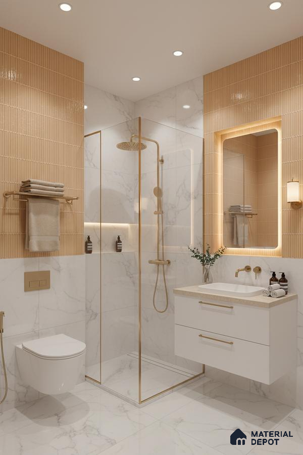 Modern bathroom with beige fluted wall tiles and white marble-look floor and wall tiles | Material Depot