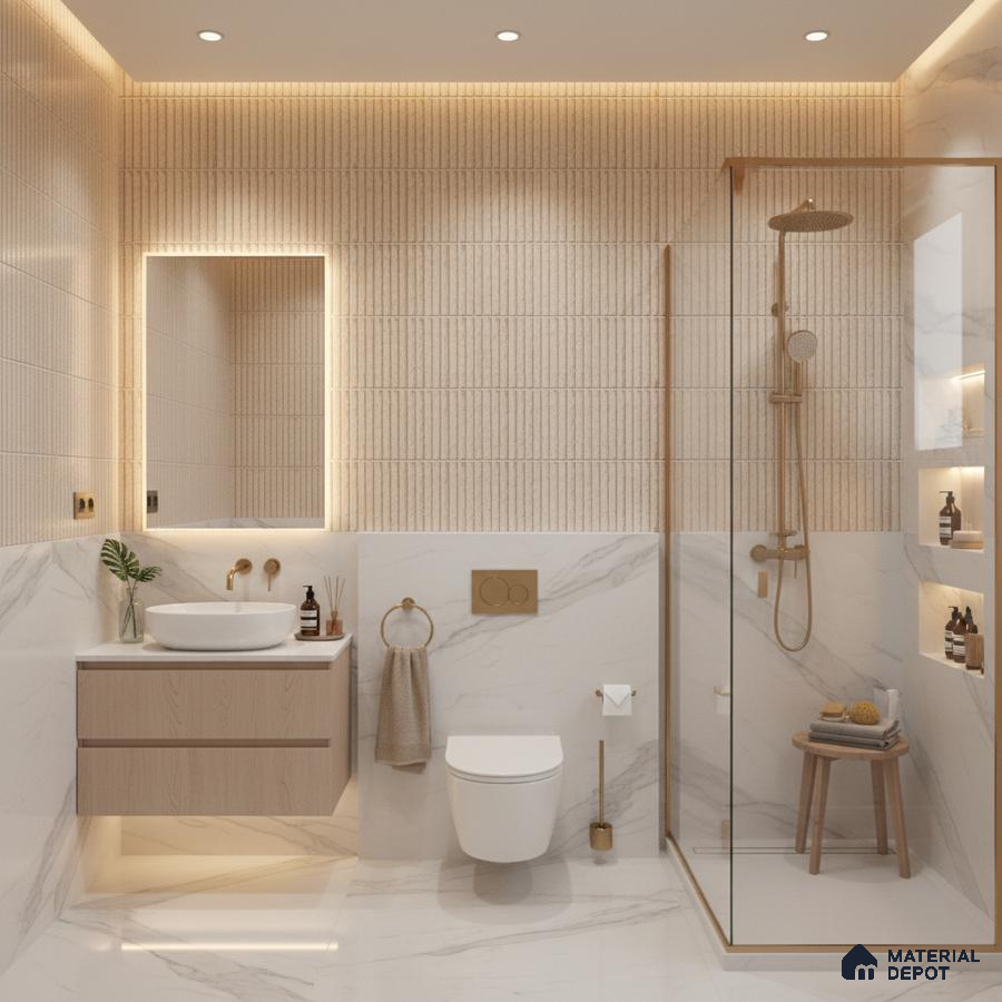 Modern bathroom with beige fluted wall tiles, white marble-look tiles, and light wood floating vanity | Material Depot