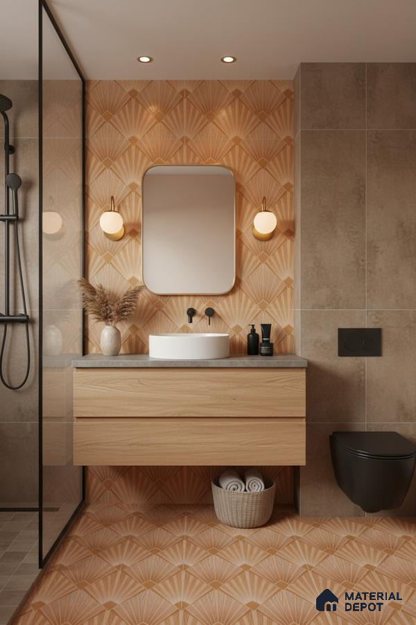 Modern bathroom with beige geometric patterned tiles, light oak vanity, and matte black fixtures in Bengaluru | Material Depot
