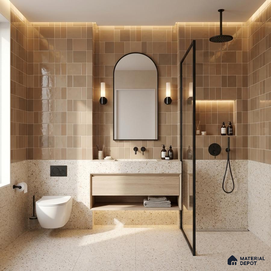 Modern bathroom with beige glossy subway wall tiles and terrazzo floor and wall tiles