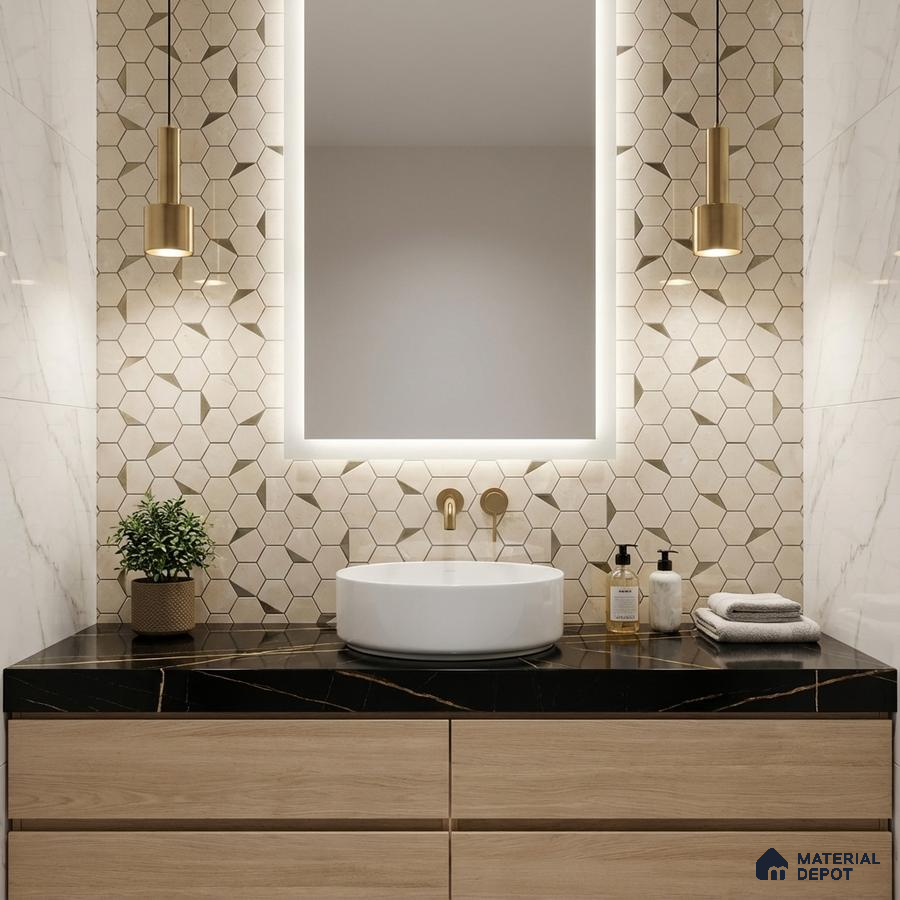 Modern bathroom with beige hexagonal wall tiles, black marble countertop, and light oak vanity