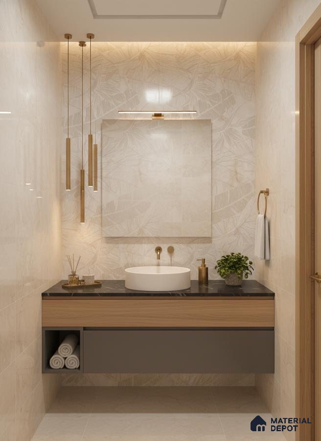 Modern bathroom with beige leaf-patterned wall tiles, black marble countertop, and wood finish floating vanity | Material Depot