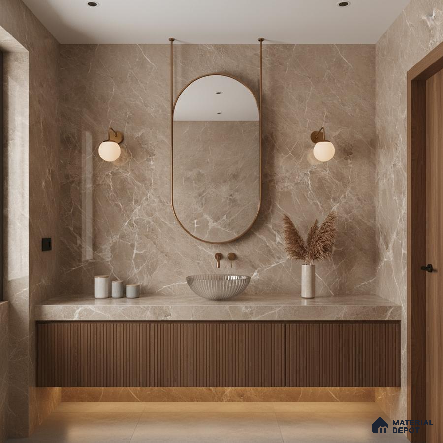 Modern bathroom with beige marble tiles and fluted wood vanity | Material Depot