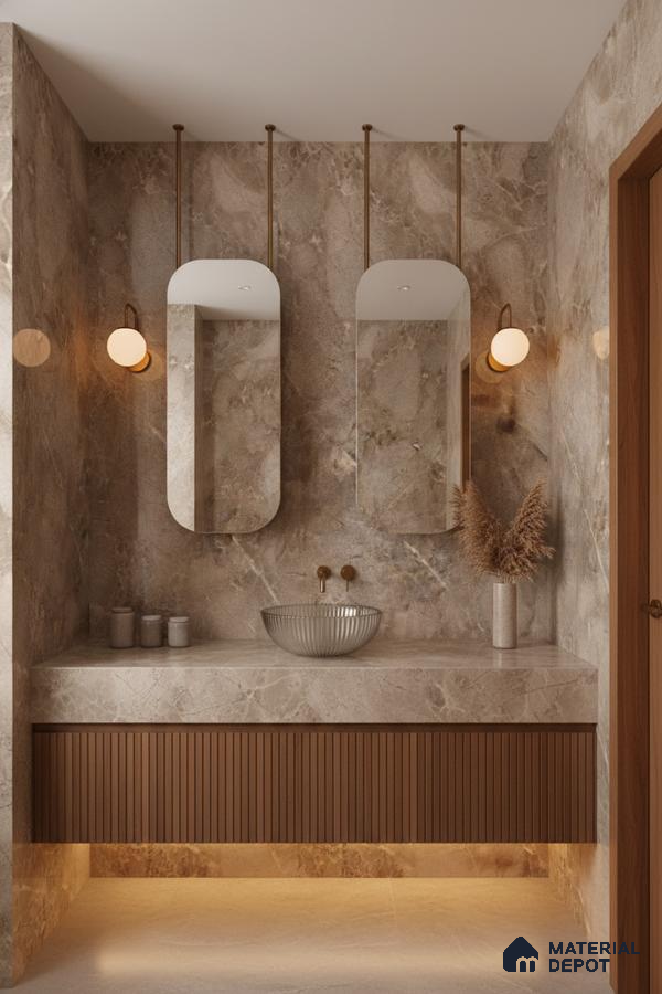 Modern bathroom with beige marble tiles and fluted wooden vanity | Material Depot