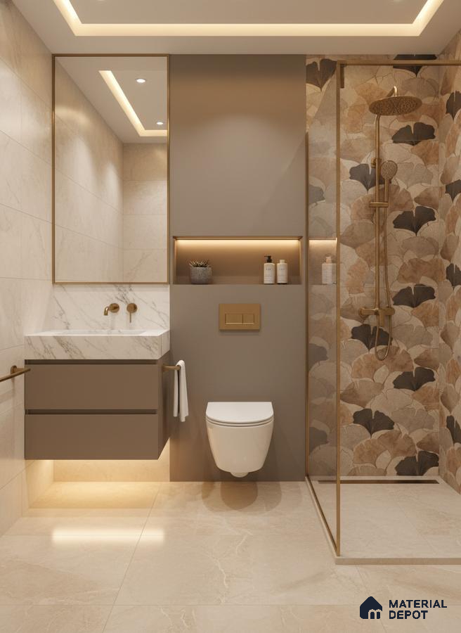Modern bathroom with beige marble tiles, floral highlighter wall tile, and floating vanity | Material Depot