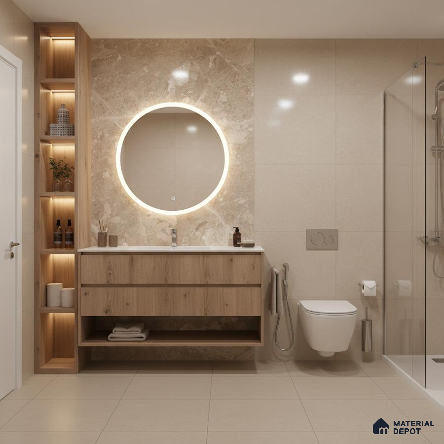 Modern bathroom with beige marble wall tile, light wood vanity, and matte beige floor tiles | Material Depot