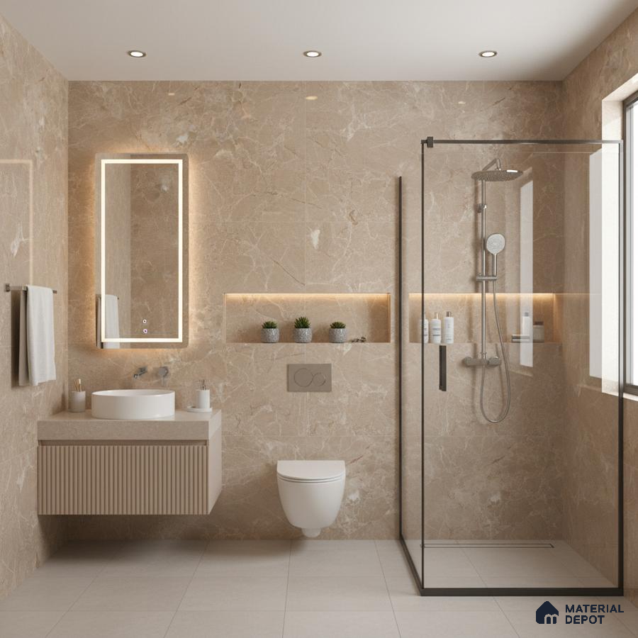 Modern bathroom with beige marble wall tiles, fluted vanity, and matte beige floor tiles | Material Depot
