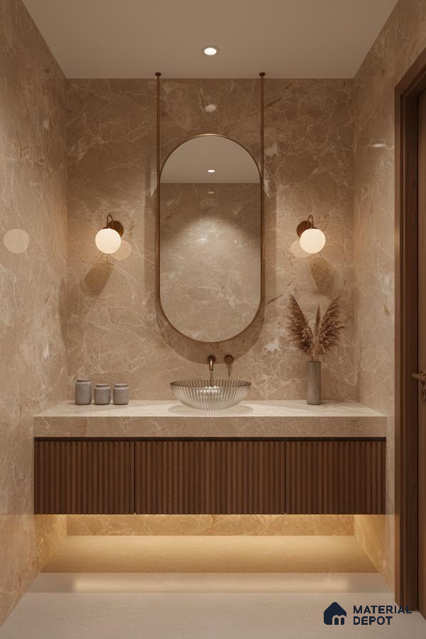 Modern bathroom with beige marble wall tiles, fluted walnut vanity, and under-cabinet lighting | Material Depot