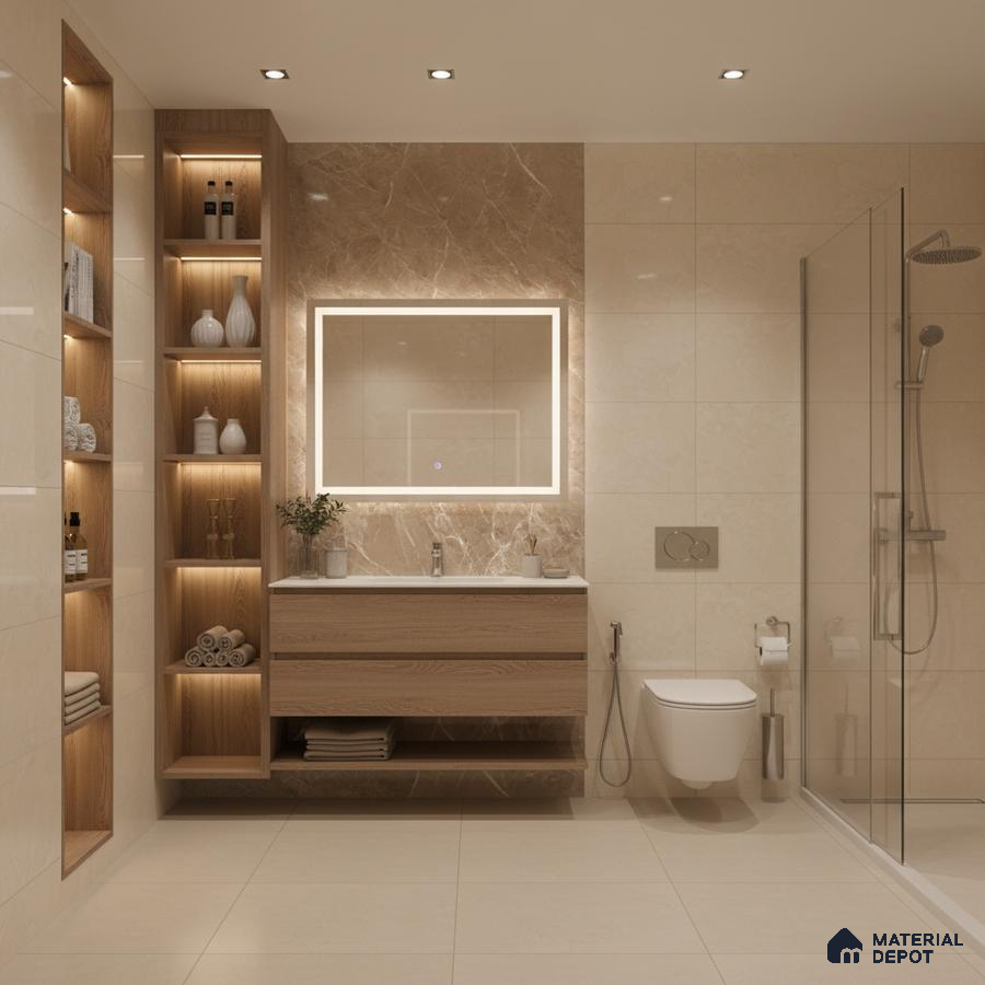 Modern bathroom with beige marble wall tiles, light oak wood vanity, and glass shower partition | Material Depot