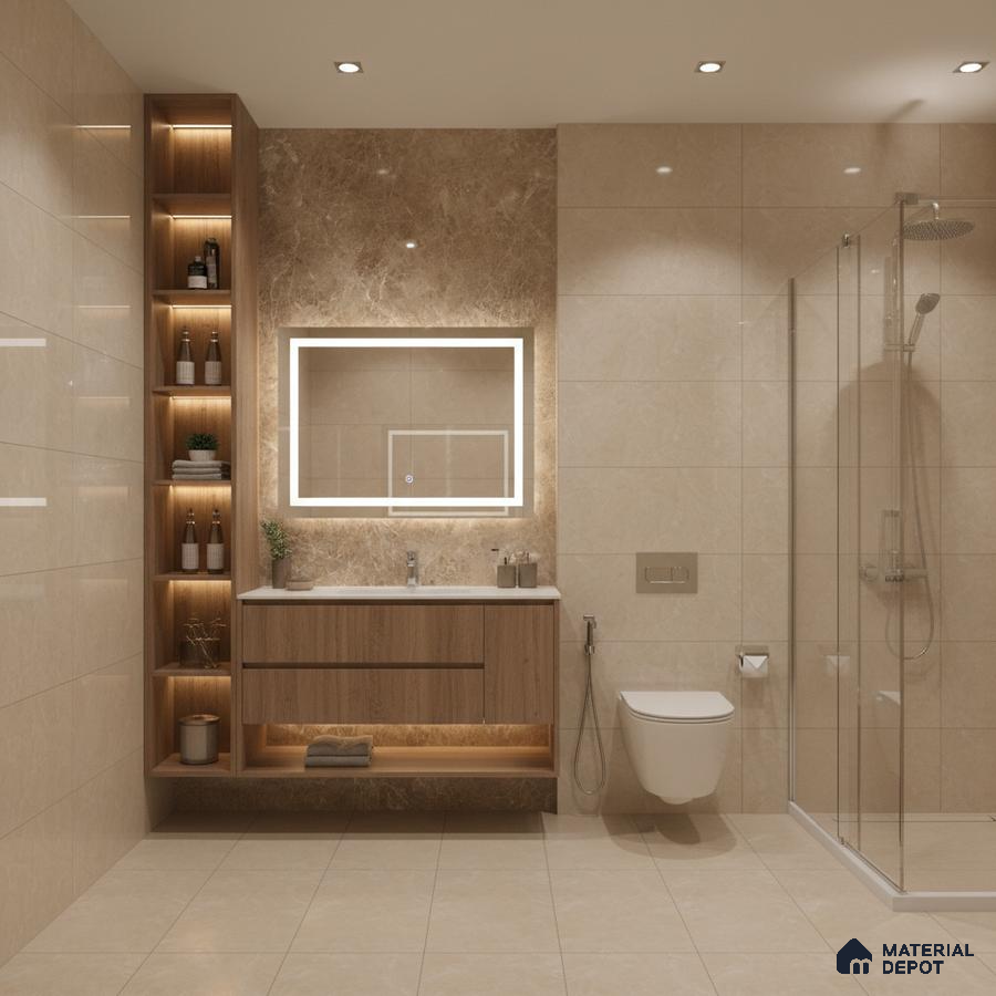 Modern bathroom with beige marble wall tiles, light wood floating vanity, and glass shower partition | Material Depot