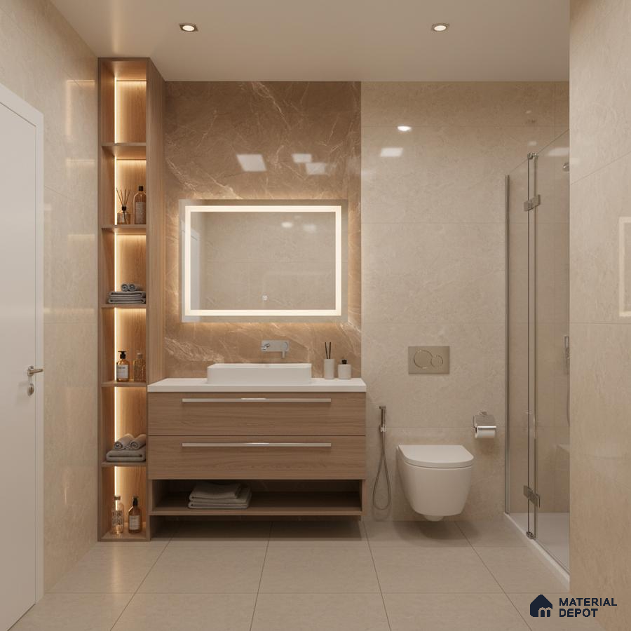 Modern bathroom with beige marble wall tiles, light wood vanity, and backlit mirror | Material Depot