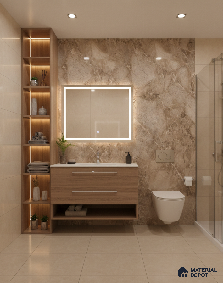 Modern bathroom with beige marble wall tiles, light wood vanity, and cream floor tiles | Material Depot