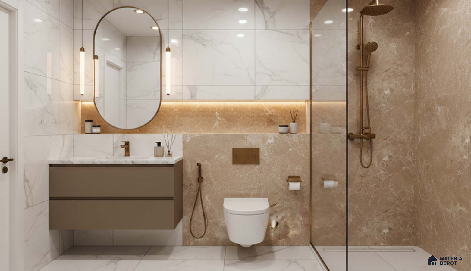 Modern bathroom with beige marble wall tiles, white marble floor tiles, and floating taupe vanity | Material Depot