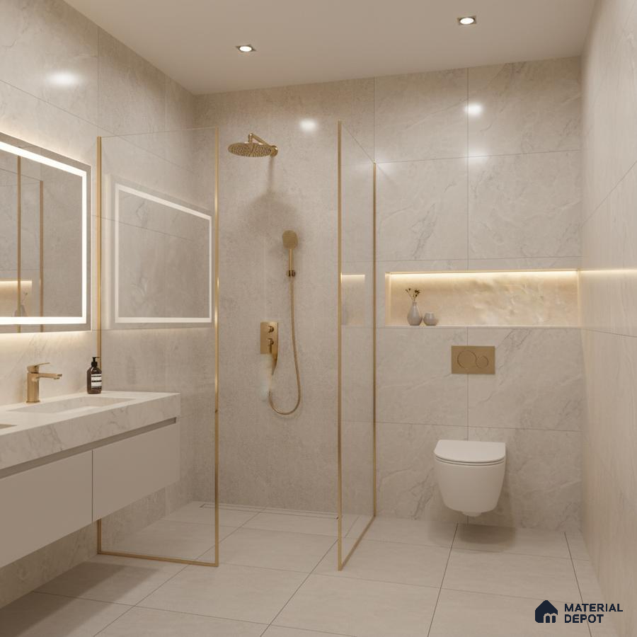 Modern bathroom with beige marble-look tiles and gold accents | Material Depot