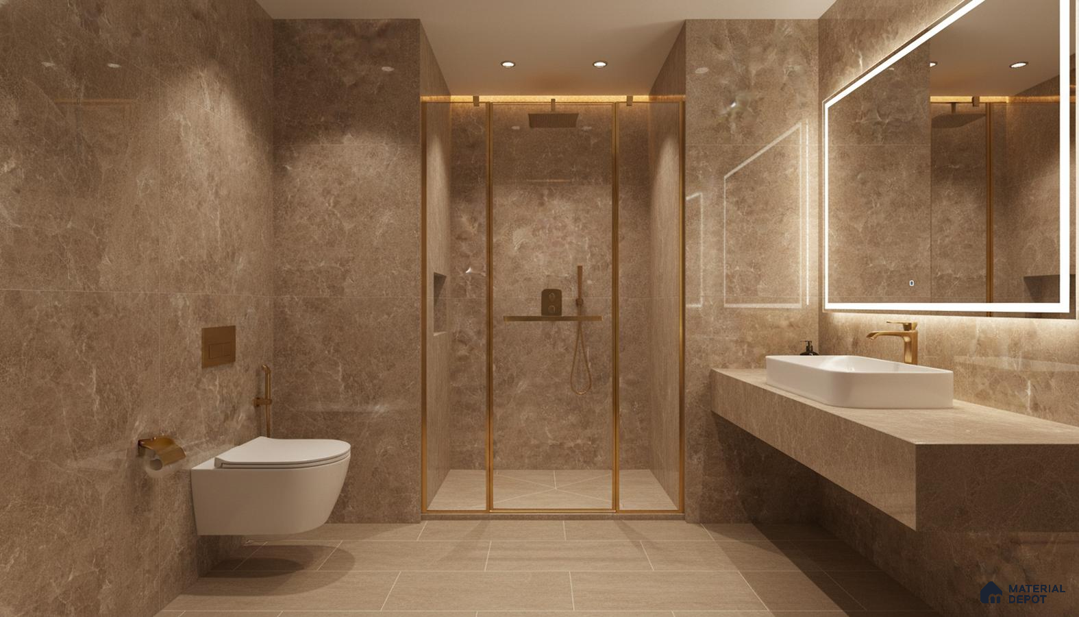 Modern bathroom with beige marble-look tiles and gold accents | Material Depot
