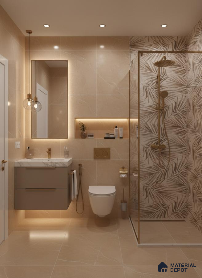 Modern bathroom with beige marble-look tiles and tropical highlighter shower wall | Material Depot