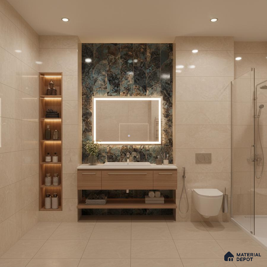 Modern bathroom with beige marble-look tiles, blue-green patterned highlighter wall tile, and wood vanity | Material Depot