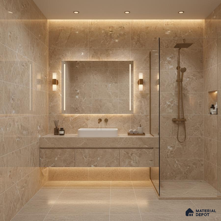 Modern bathroom with beige marble-look wall and floor tiles and floating vanity | Material Depot