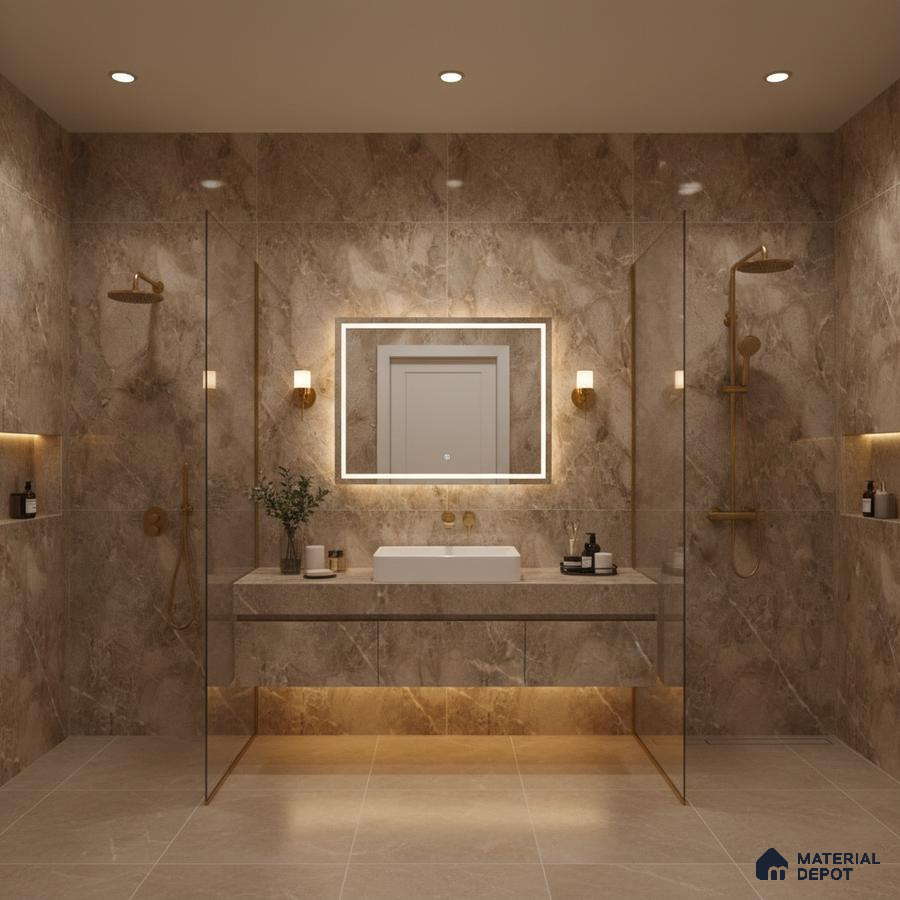 Modern bathroom with beige marble-look wall and floor tiles and floating vanity | Material Depot