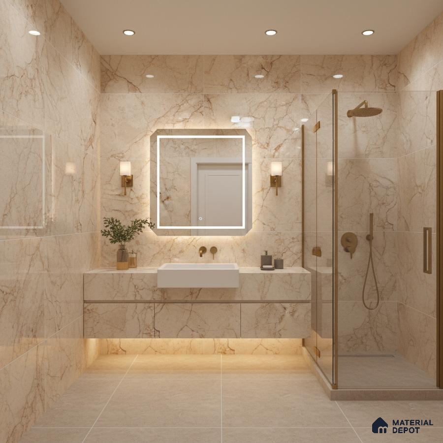 Modern bathroom with beige marble-look wall and floor tiles and floating vanity | Material Depot