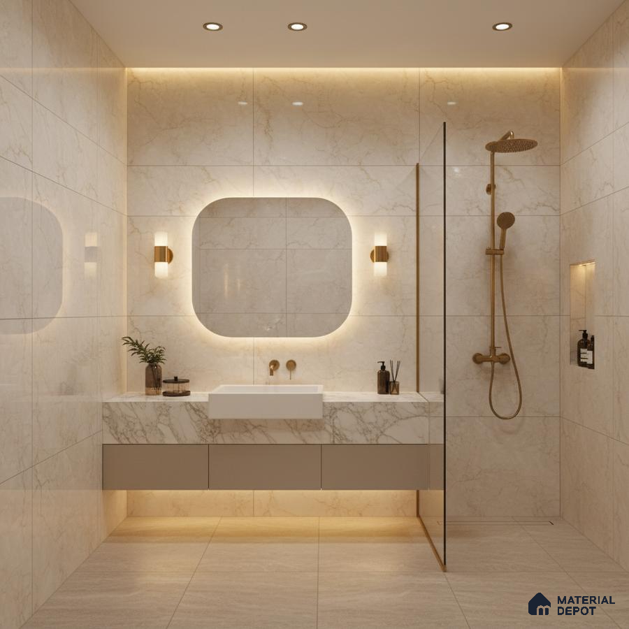 Modern bathroom with beige marble-look wall tiles and floating marble vanity | Material Depot