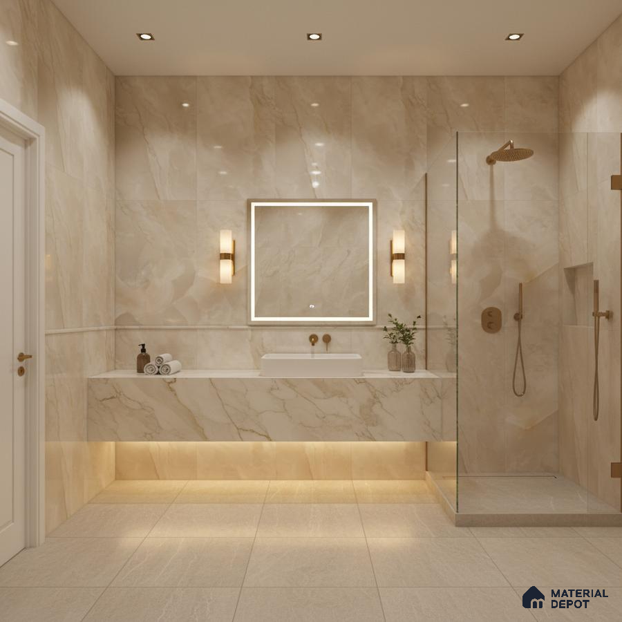 Modern bathroom with beige marble-look wall tiles and floating marble vanity | Material Depot