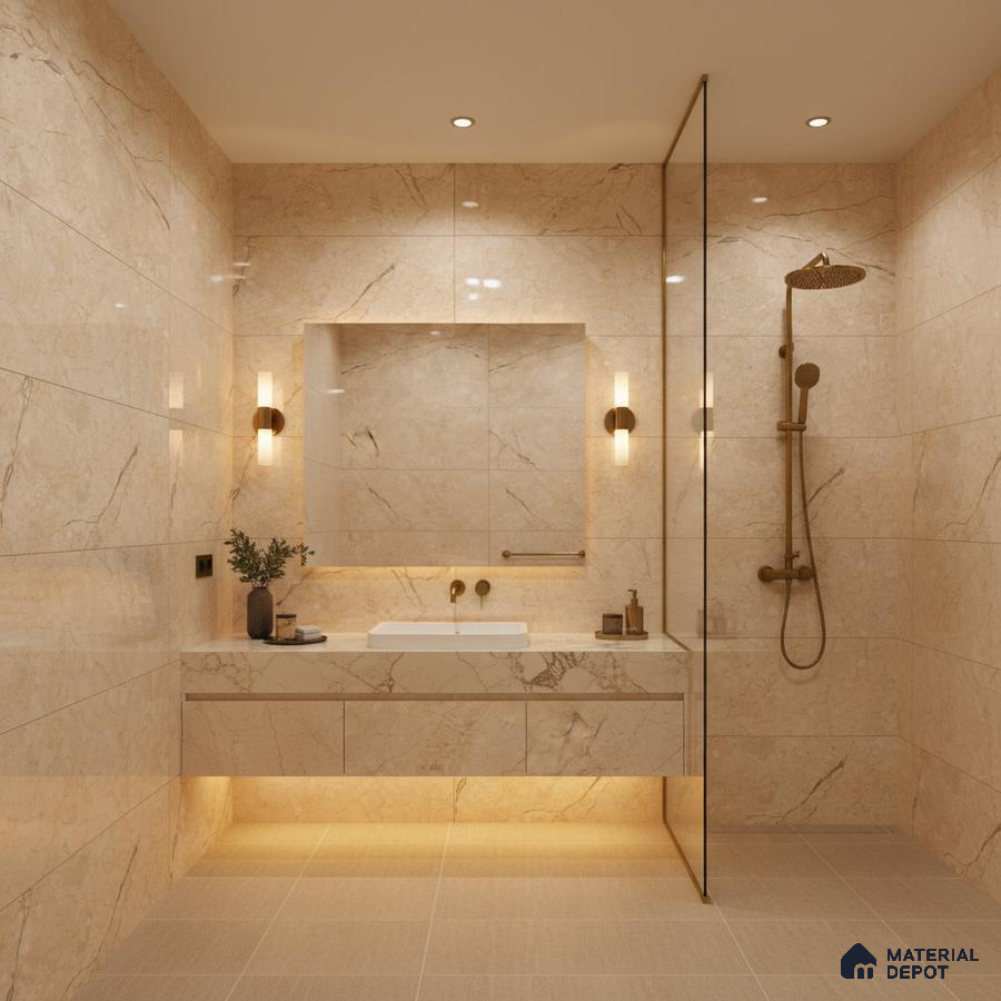 Modern bathroom with beige marble-look wall tiles and floating vanity | Material Depot