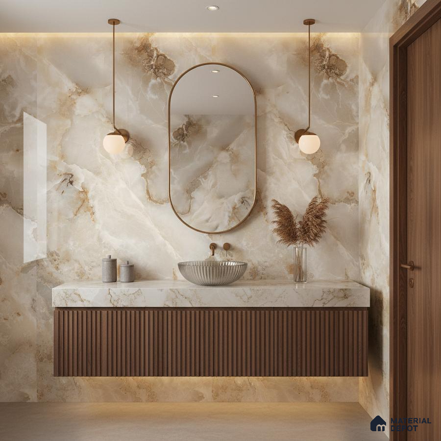 Modern bathroom with beige marble-look wall tiles and fluted walnut vanity | Material Depot