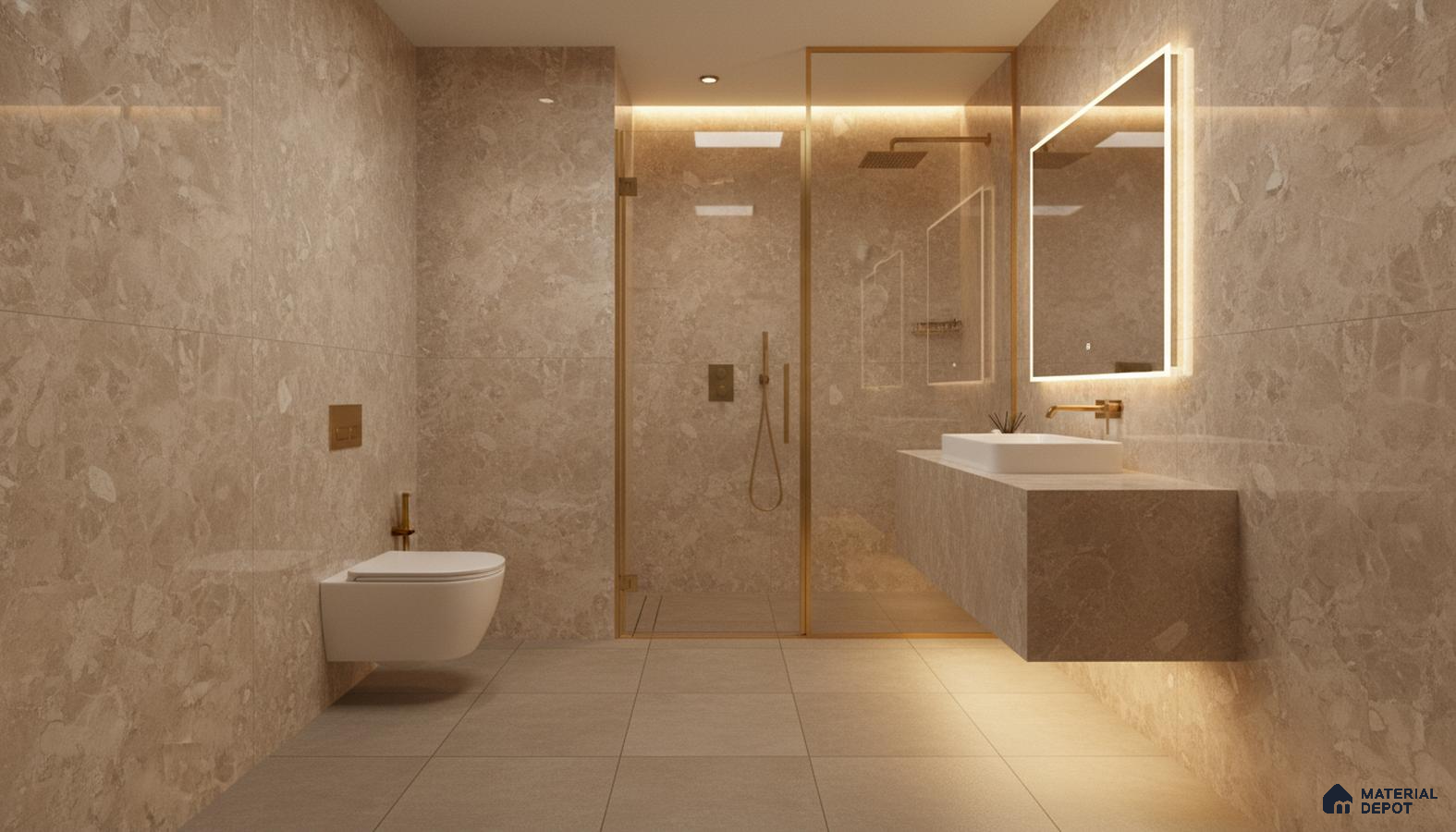 Modern bathroom with beige marble-look wall tiles and matte beige floor tiles | Material Depot