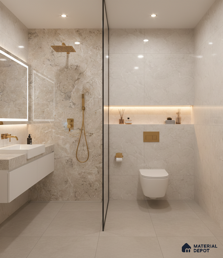 Modern bathroom with beige marble-look wall tiles and matte beige floor tiles | Material Depot