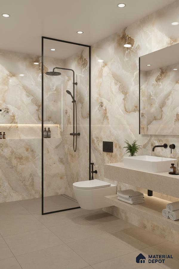 Modern bathroom with beige marble-look wall tiles and matte beige floor tiles | Material Depot