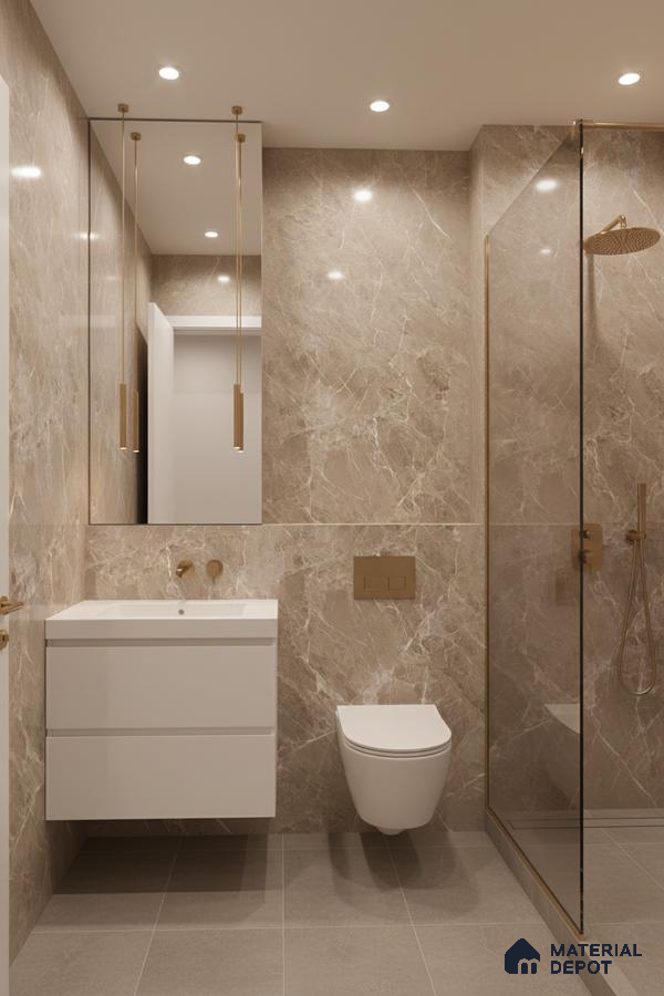 Modern bathroom with beige marble-look wall tiles and matte grey floor tiles | Material Depot
